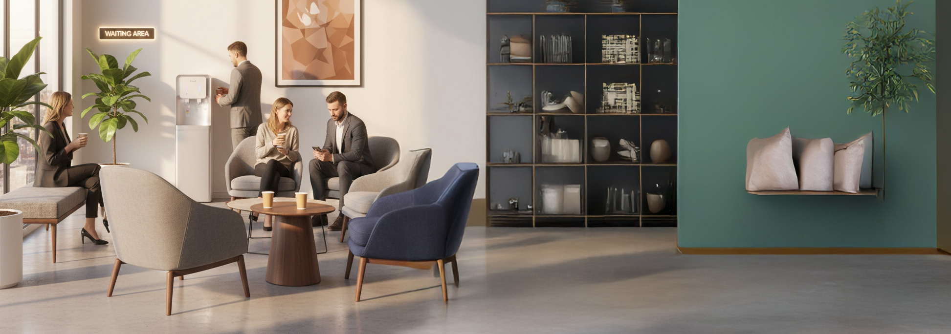 Wolnostojący dystrybutor PrimeEco w poczekalni